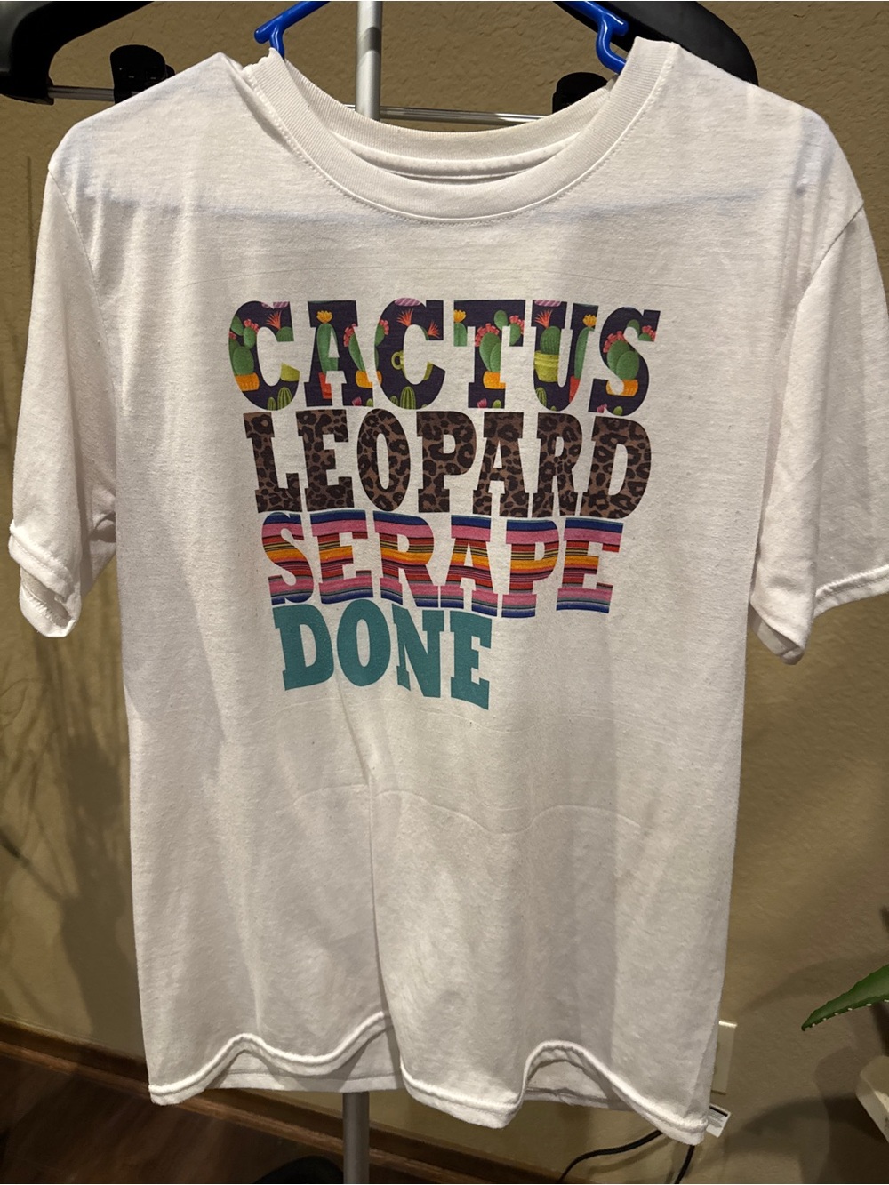 Gildan White Tee with Multicolor Cactus, Leopard & Serape Text